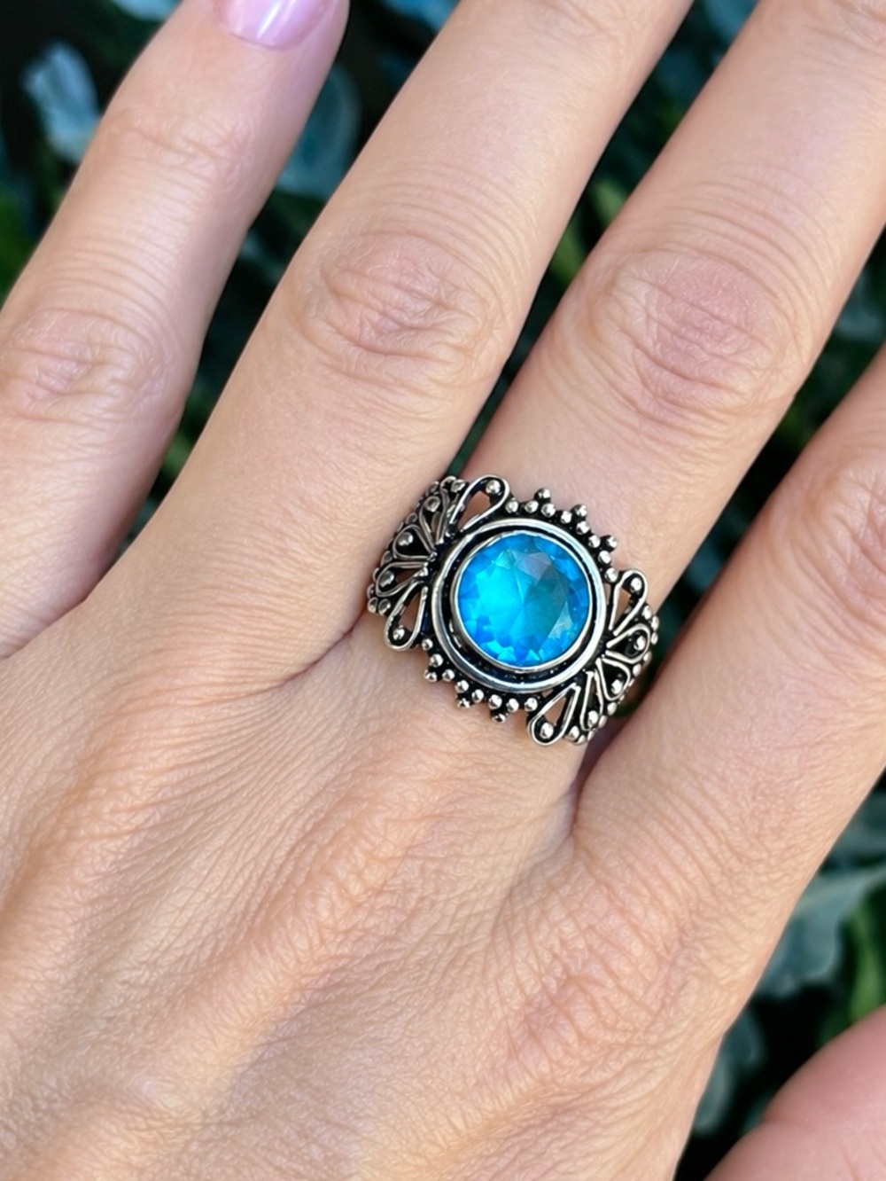 Vintage Design Blue Topaz 925 Silver Ring Sz 10